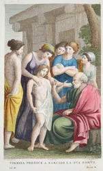 Tiresias Voorspelt of Tirenia voorspelt Narcissus zijn Lot, Boek III, illustratie uit Ovidius